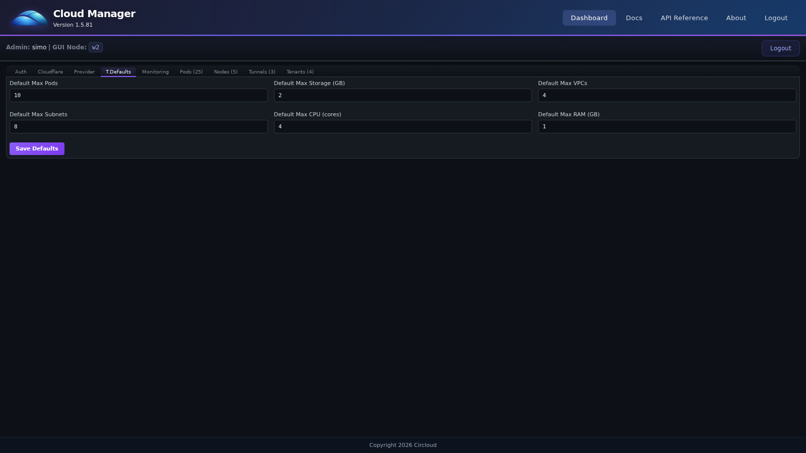 CloudManager Defaults tab