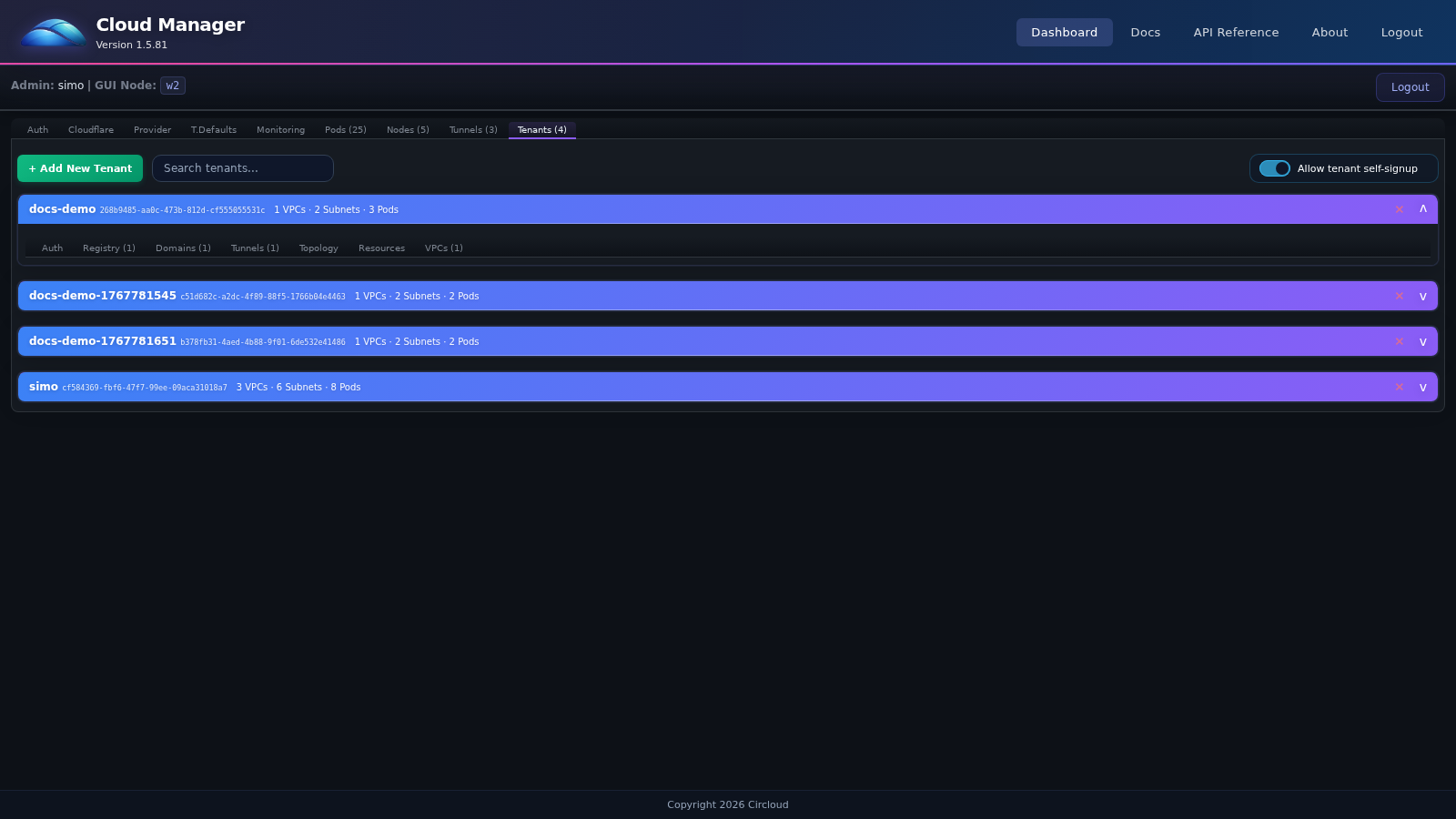 CloudManager Tenants tab