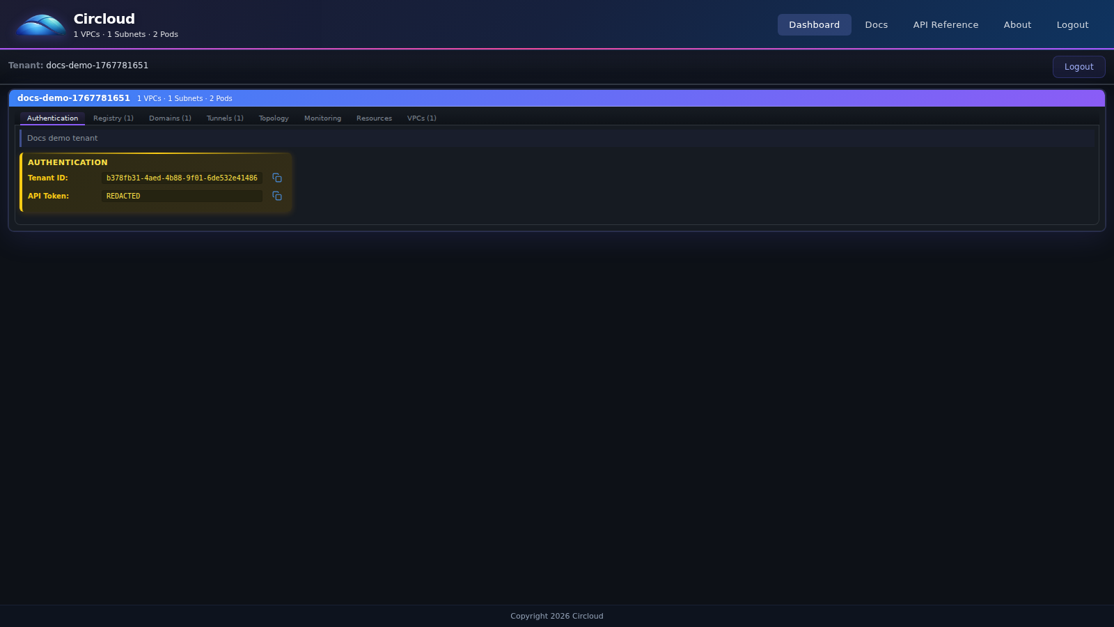 CloudUser Authentication tab with tenant credentials