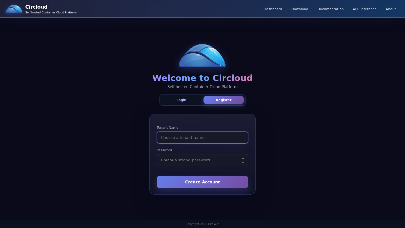 CloudUser create account screen